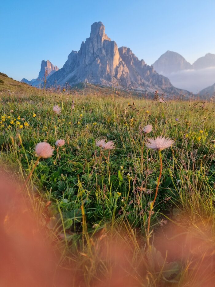Dolomity na podzim: 15 tipů na zlaté modříny bez davů 12 Ranní pohled na vrchol Ra Gusela od Passo Giau s loukou v popředí