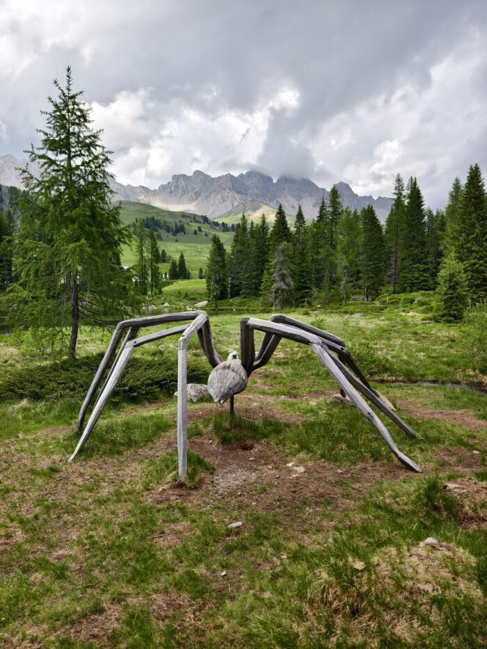 Dřevěná socha pavouka u jezera Lago di San Pellegrino